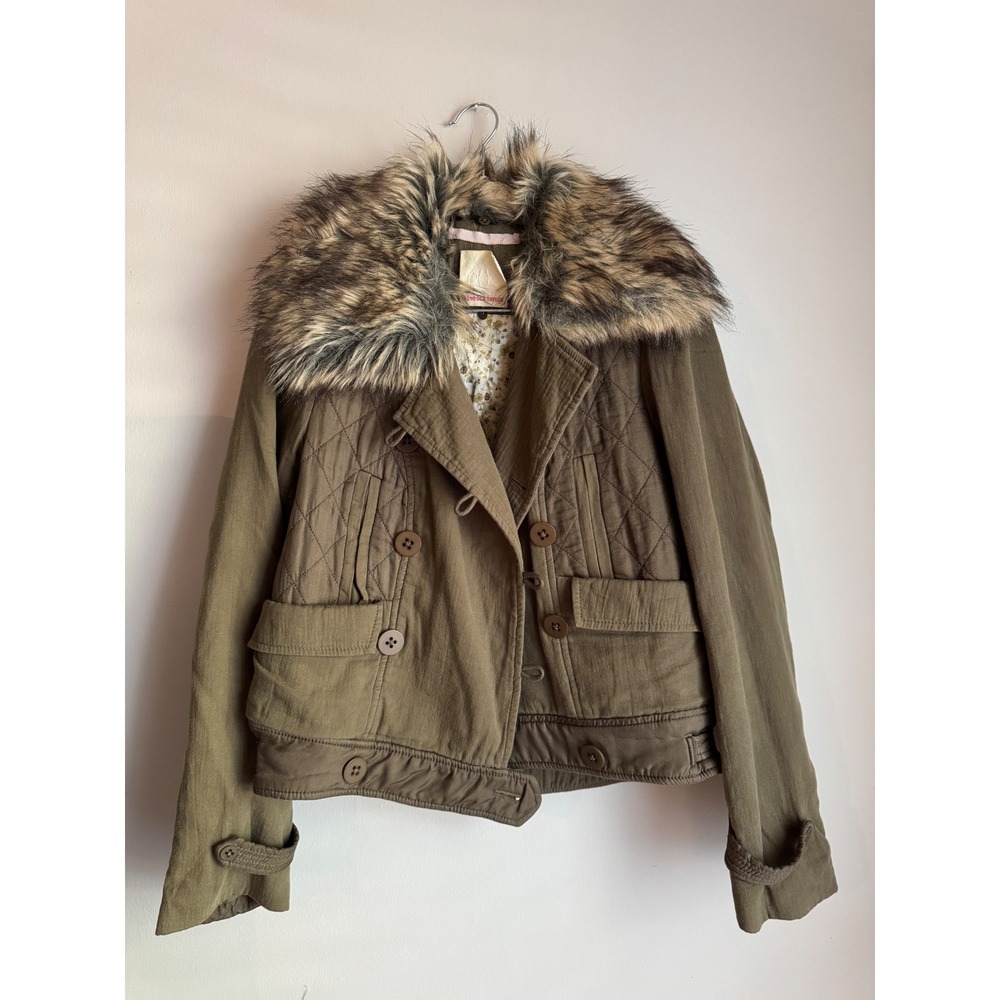 Rebecca Taylor Olive Green Quilted Faux Fur Collar Military Jacket M